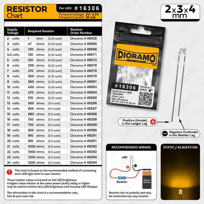 2x3x4mm Yellow LED. Clear Lens. Rectangle. 20 pcs.