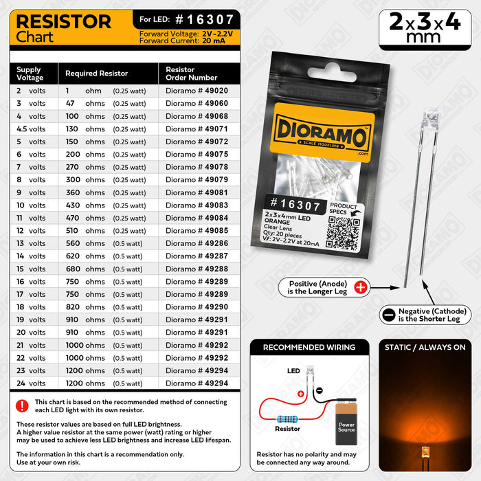 2x3x4mm Orange LED. Clear Lens. Rectangle. 20 pcs.