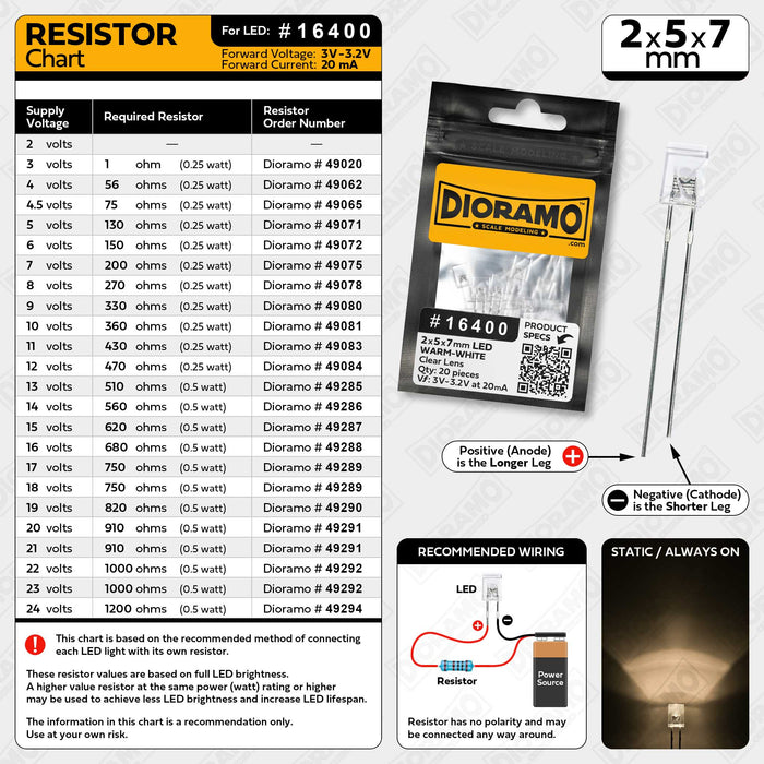 2x5x7mm Warm-White LED. Clear Lens. Rectangle. 20 pcs.