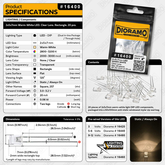 2x5x7mm Warm-White LED. Clear Lens. Rectangle. 20 pcs.