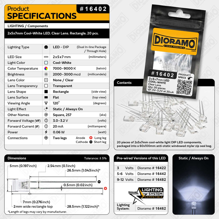 2x5x7mm Cool-White LED. Clear Lens. Rectangle. 20 pcs.