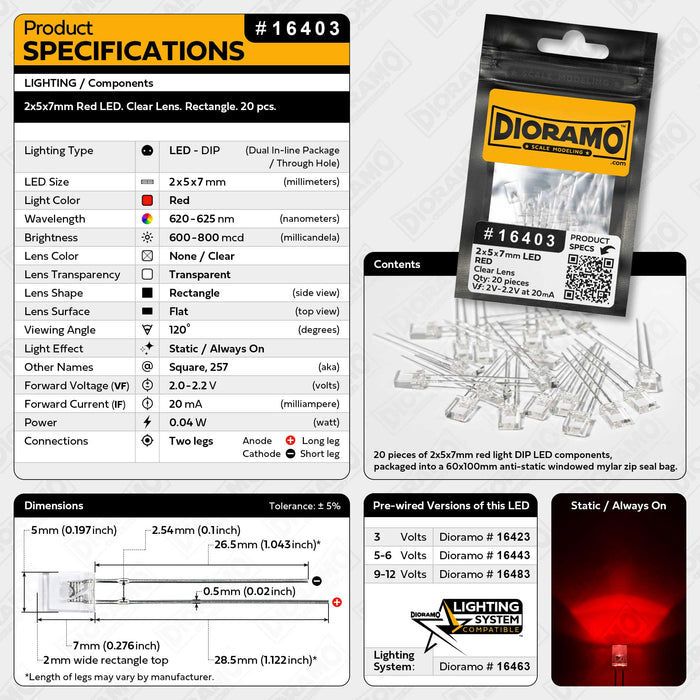 2x5x7mm Red LED. Clear Lens. Rectangle. 20 pcs.