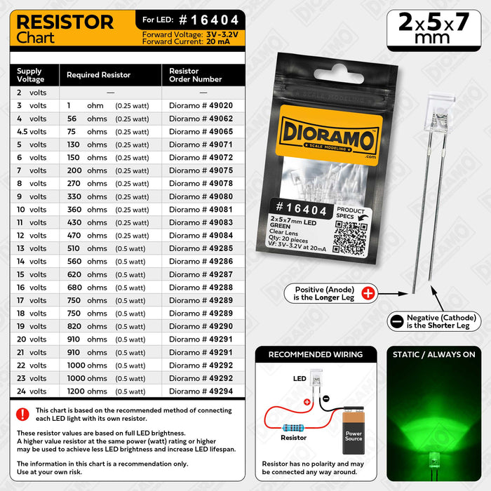 2x5x7mm Green LED. Clear Lens. Rectangle. 20 pcs.