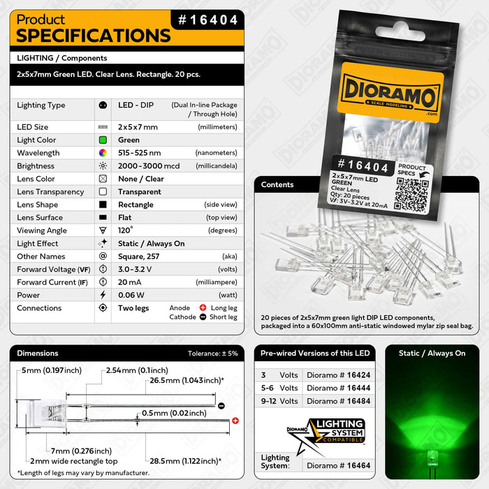 2x5x7mm Green LED. Clear Lens. Rectangle. 20 pcs.