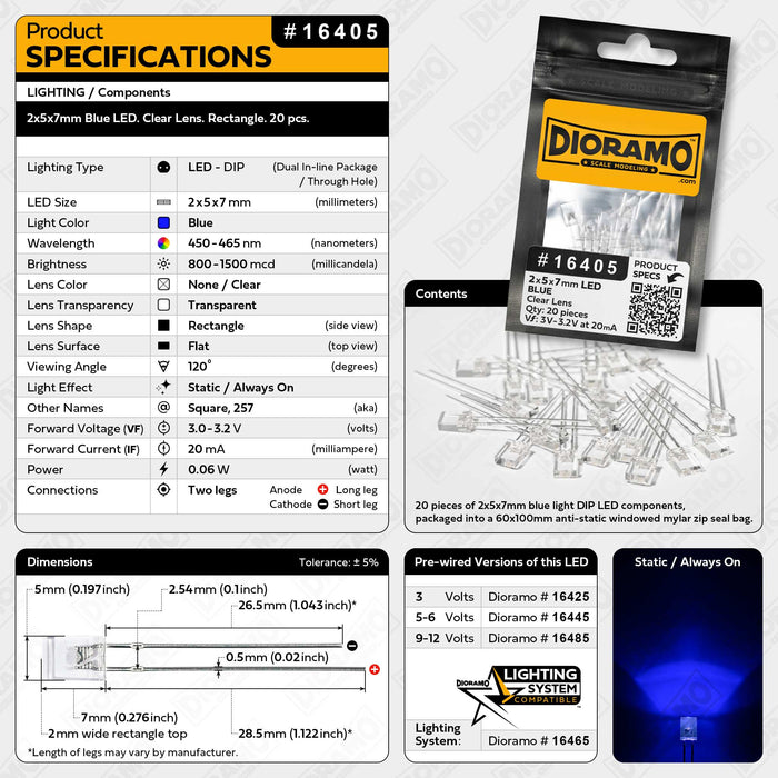 2x5x7mm Blue LED. Clear Lens. Rectangle. 20 pcs.