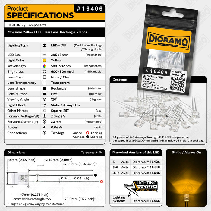 2x5x7mm Yellow LED. Clear Lens. Rectangle. 20 pcs.