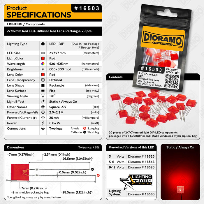 2x7x7mm Red LED. Diffused Red Lens. Rectangle. 20 pcs.