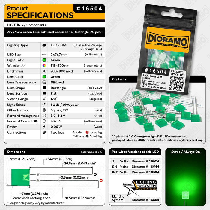 2x7x7mm Green LED. Diffused Green Lens. Rectangle. 20 pcs.