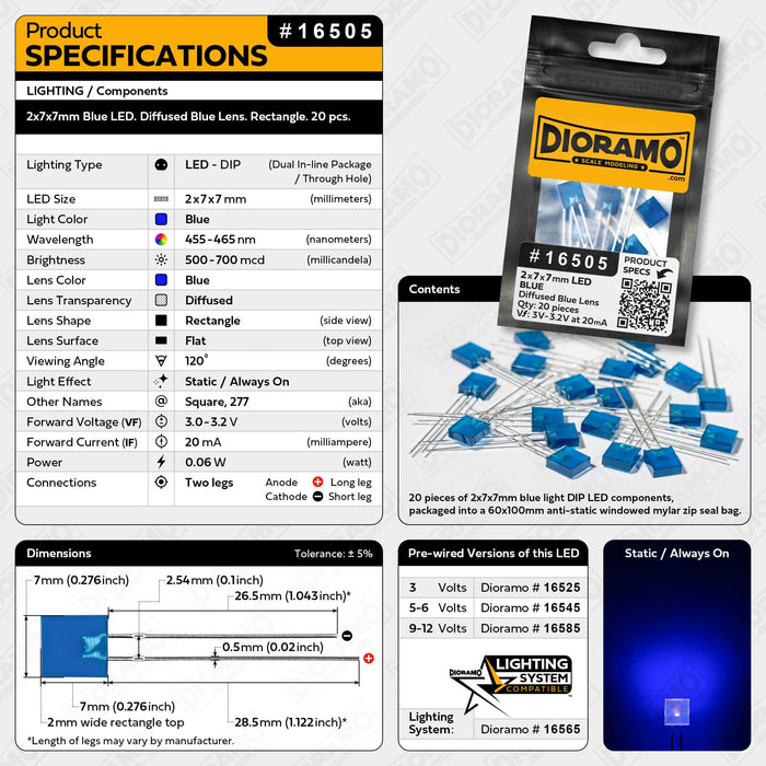 2x7x7mm Blue LED. Diffused Blue Lens. Rectangle. 20 pcs.