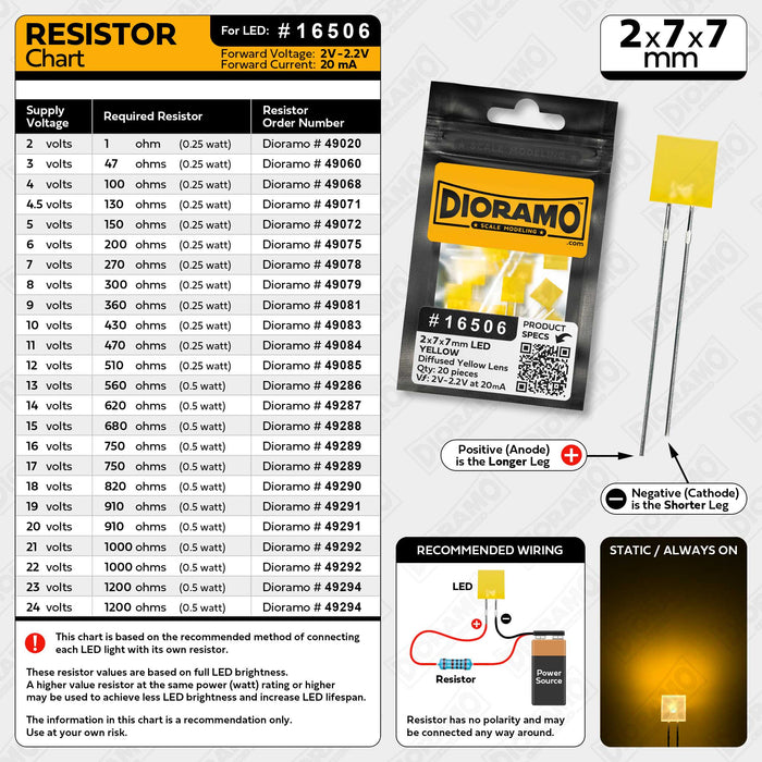 2x7x7mm Yellow LED. Diffused Yellow Lens. Rectangle. 20 pcs.