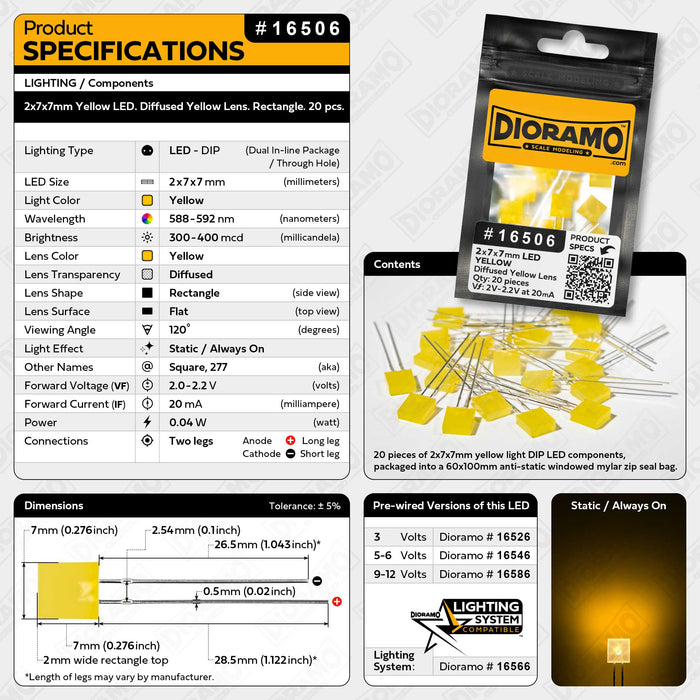 2x7x7mm Yellow LED. Diffused Yellow Lens. Rectangle. 20 pcs.