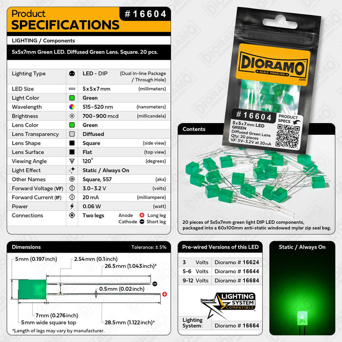 5x5x7mm Green LED. Diffused Green Lens. Square. 20 pcs.