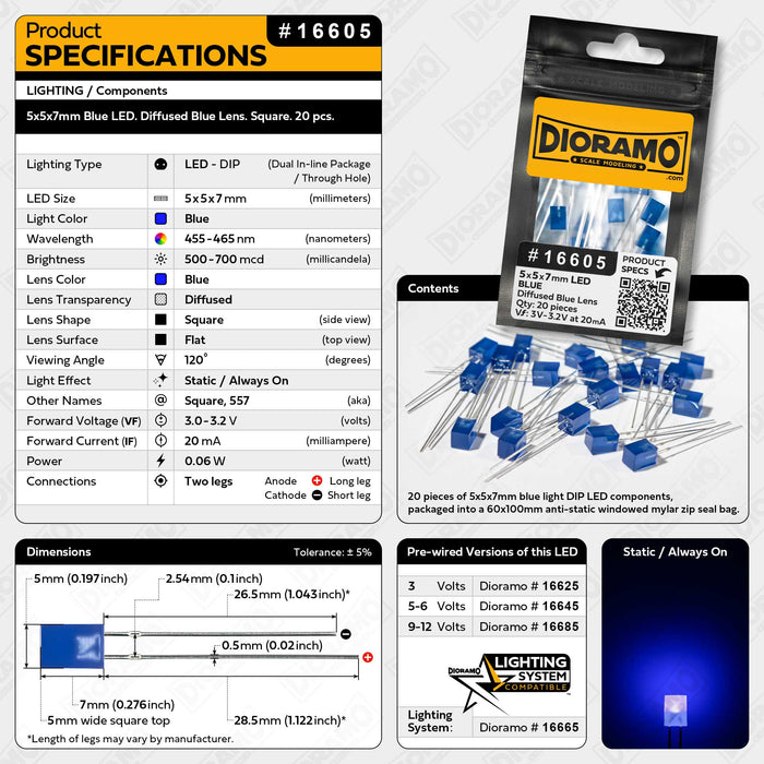 5x5x7mm Blue LED. Diffused Blue Lens. Square. 20 pcs.