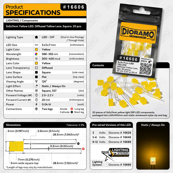 5x5x7mm Yellow LED. Diffused Yellow Lens. Square. 20 pcs.