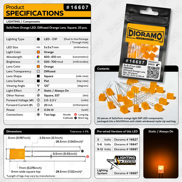 5x5x7mm Orange LED. Diffused Orange Lens. Square. 20 pcs.