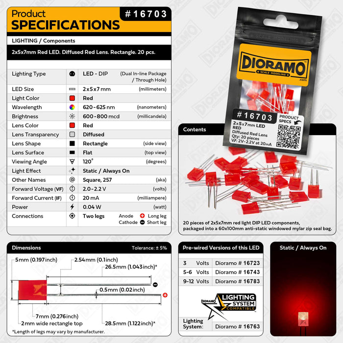 2x5x7mm Red LED. Diffused Red Lens. Rectangle. 20 pcs.