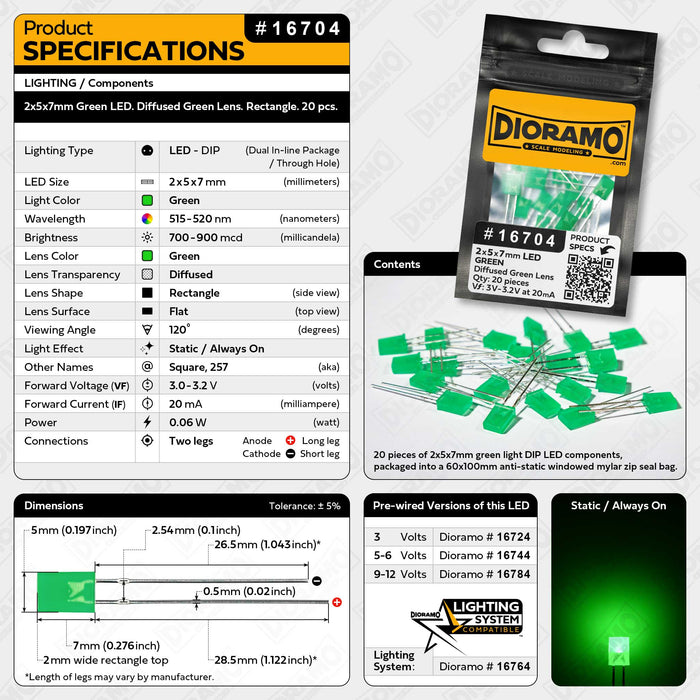 2x5x7mm Green LED. Diffused Green Lens. Rectangle. 20 pcs.