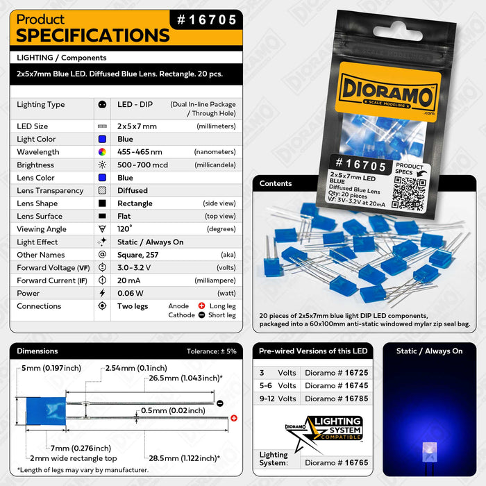 2x5x7mm Blue LED. Diffused Blue Lens. Rectangle. 20 pcs.