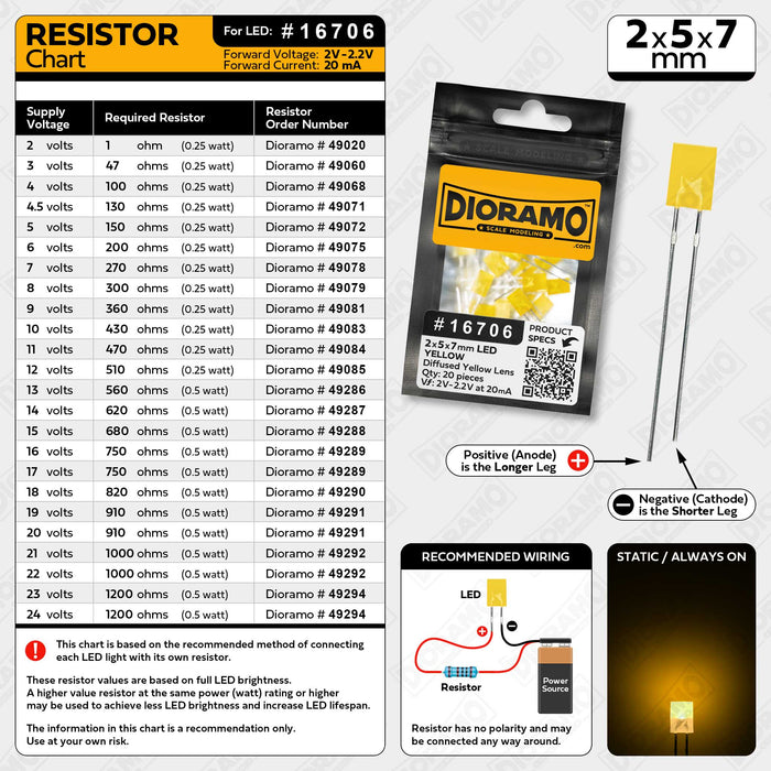 2x5x7mm Yellow LED. Diffused Yellow Lens. Rectangle. 20 pcs.