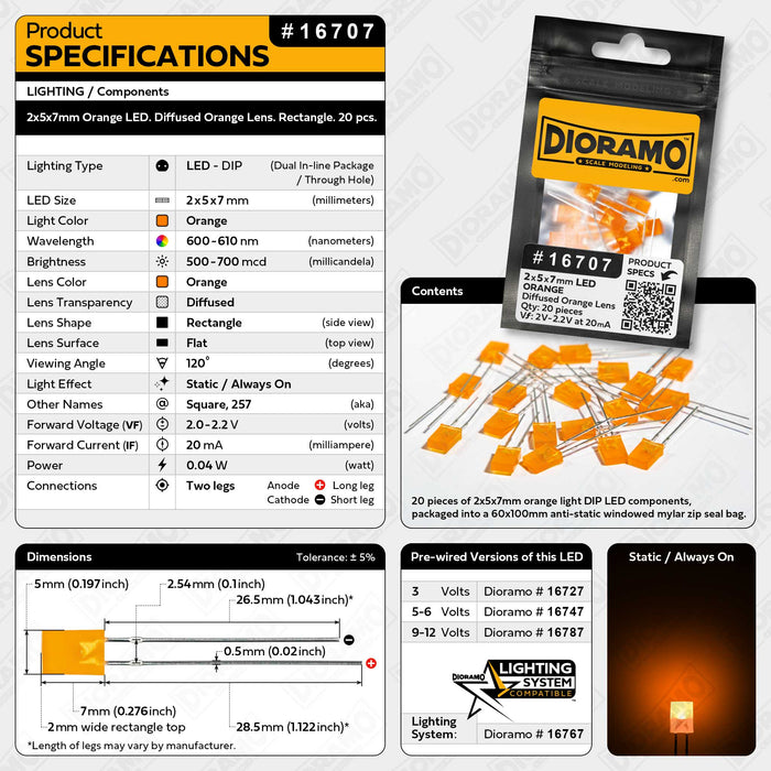 2x5x7mm Orange LED. Diffused Orange Lens. Rectangle. 20 pcs.