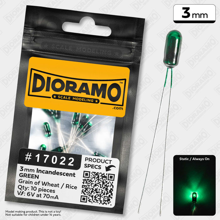 3mm Green Mini Incandescent 6 Volts Filament Light Bulb. 10pcs.