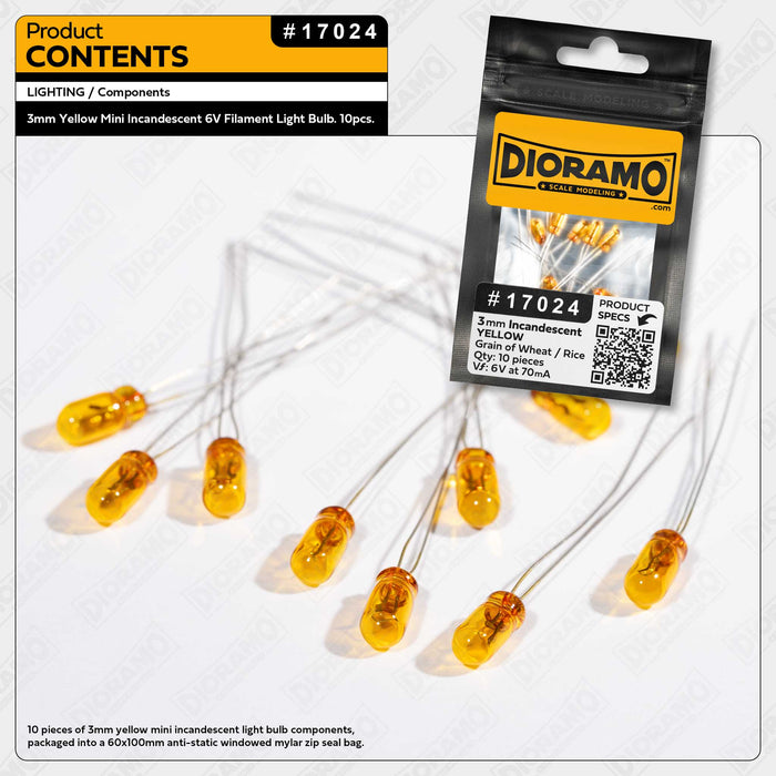 3mm Yellow Mini Incandescent 6 Volts Filament Light Bulb. 10pcs.