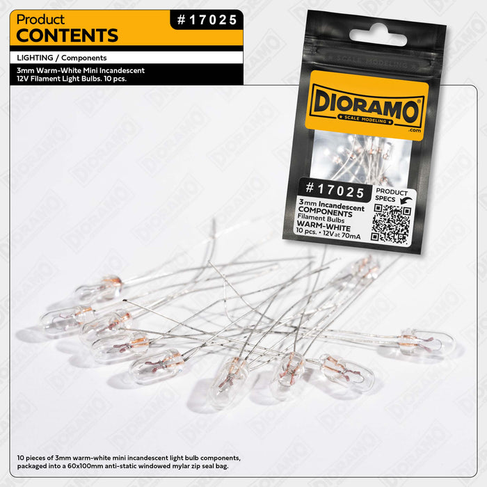 3mm Warm-White Mini Incandescent 12V Filament Light Bulbs. 10 pcs.