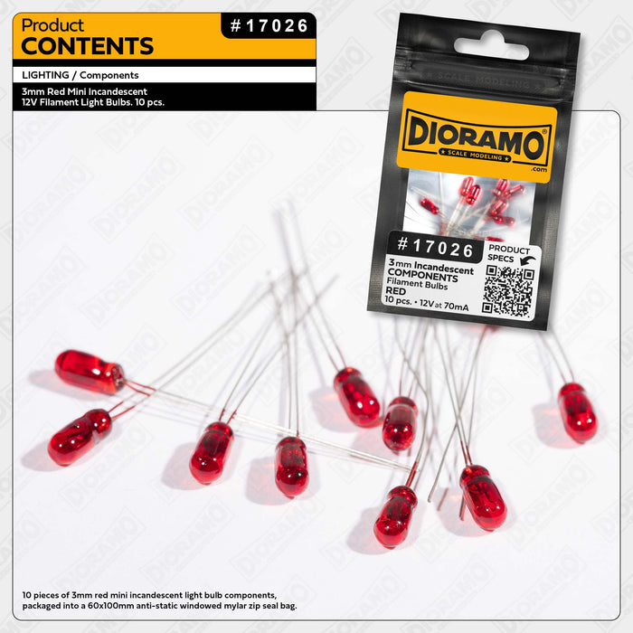 3mm Red Mini Incandescent 12V Filament Light Bulbs. 10 pcs.