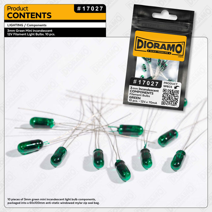 3mm Green Mini Incandescent 12V Filament Light Bulbs. 10 pcs.