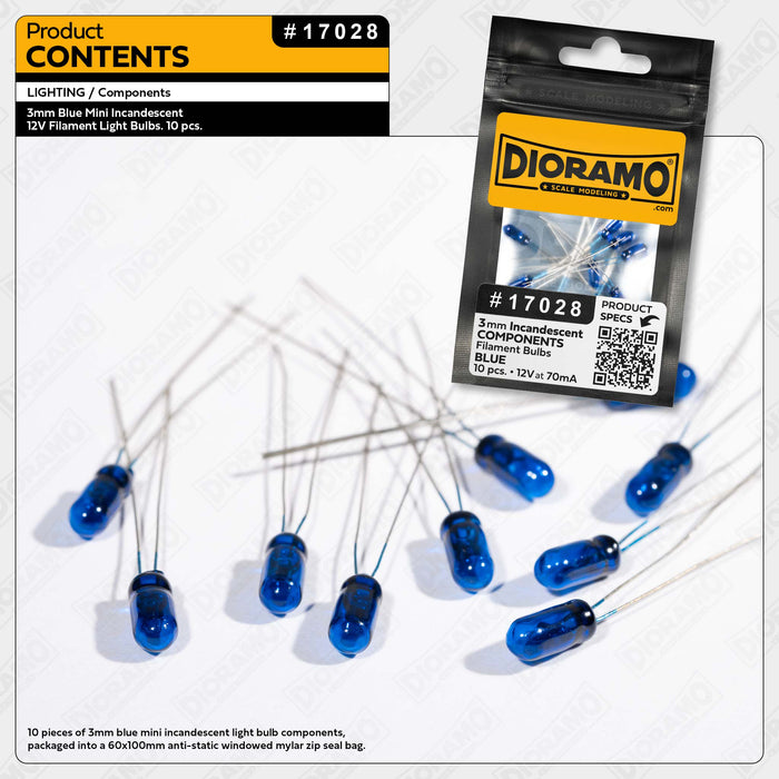 3mm Blue Mini Incandescent 12V Filament Light Bulbs. 10 pcs.