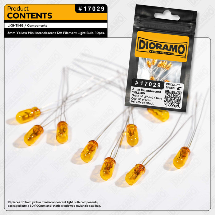 3mm Yellow Mini Incandescent 12 Volts Filament Light Bulb. 10pcs.