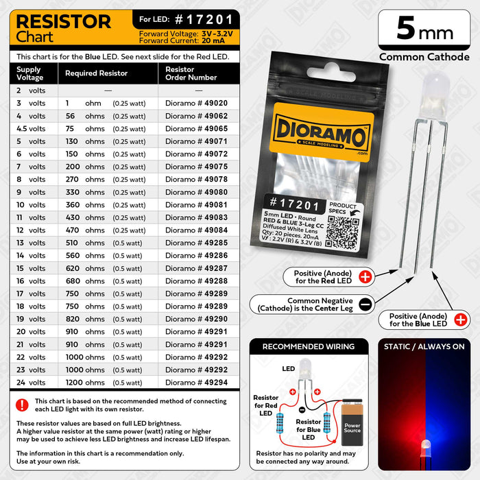 5mm Red & Blue 3-Leg CC LED. Diffused White Lens. Round. 20 pcs.