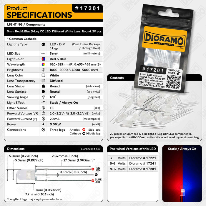 5mm Red & Blue 3-Leg CC LED. Diffused White Lens. Round. 20 pcs.