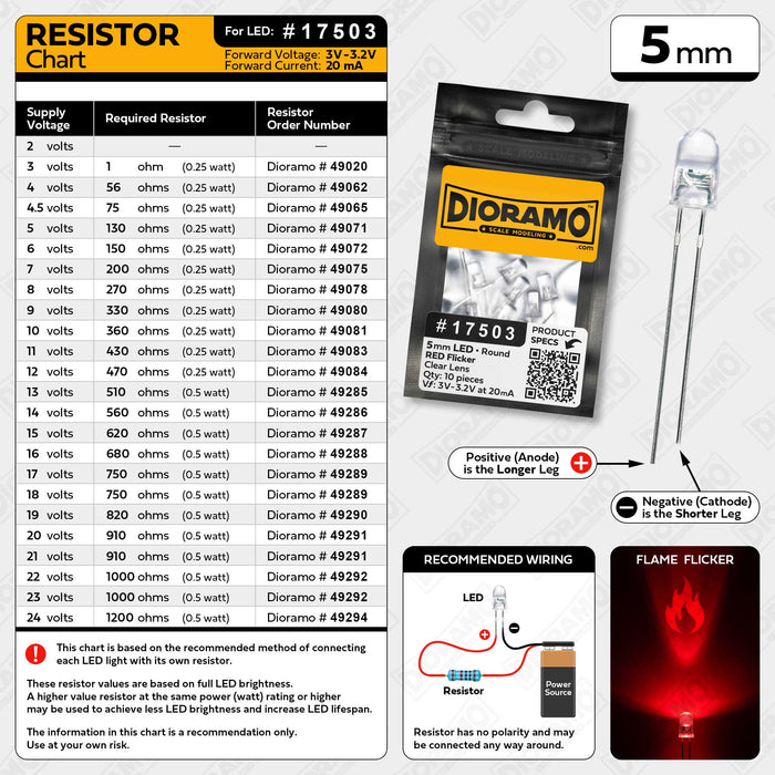 5mm Red Flame Flickering LED. Clear Lens. Round. 10 pcs.