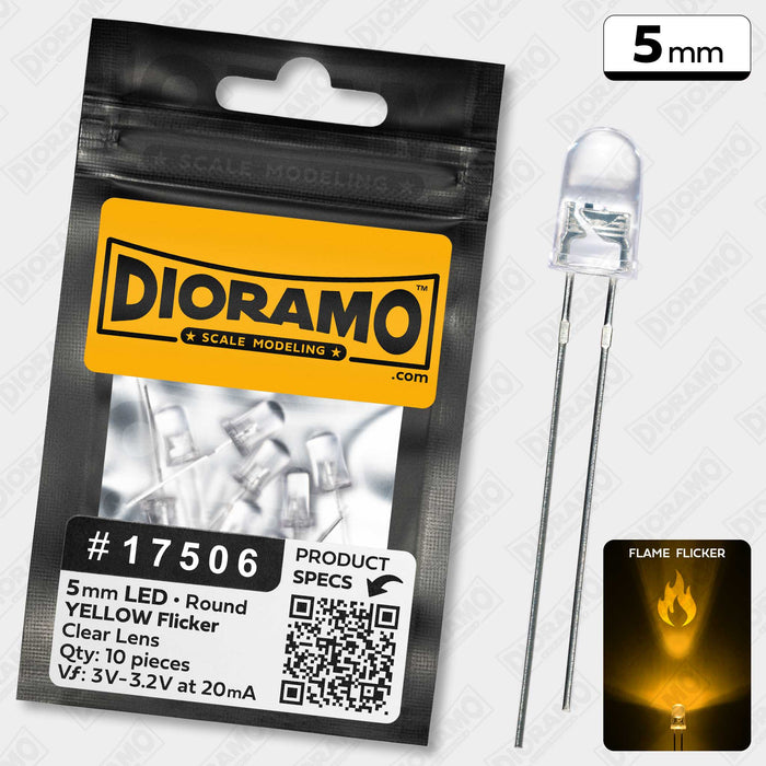 5mm Yellow Flame Flickering LED. Clear Lens. Round. 10 pcs.