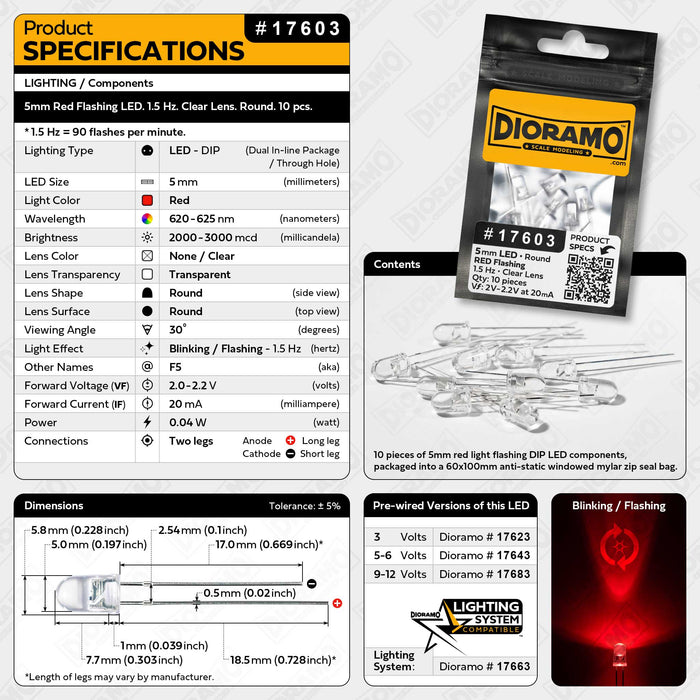 5mm Red Flashing LED. 1.5 Hz. Clear Lens. Round. 10 pcs.