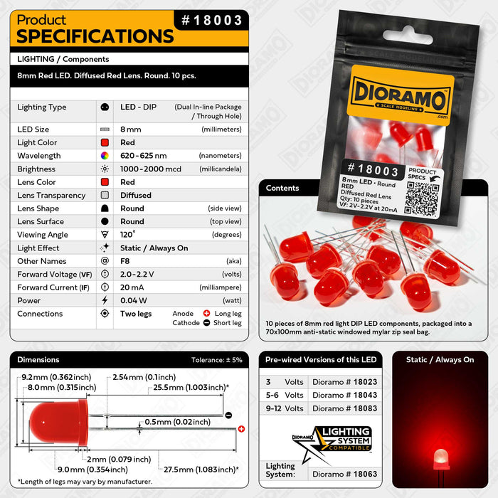 8mm Red LED. Diffused Red Lens. Round. 10 pcs. — Dioramo Scale Modeling