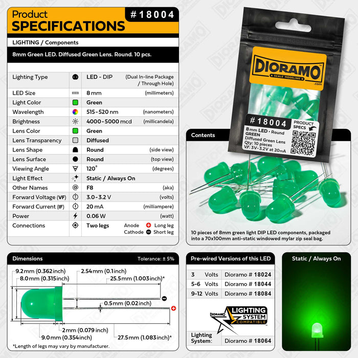 8mm Green LED. Diffused Green Lens. Round. 10 pcs.