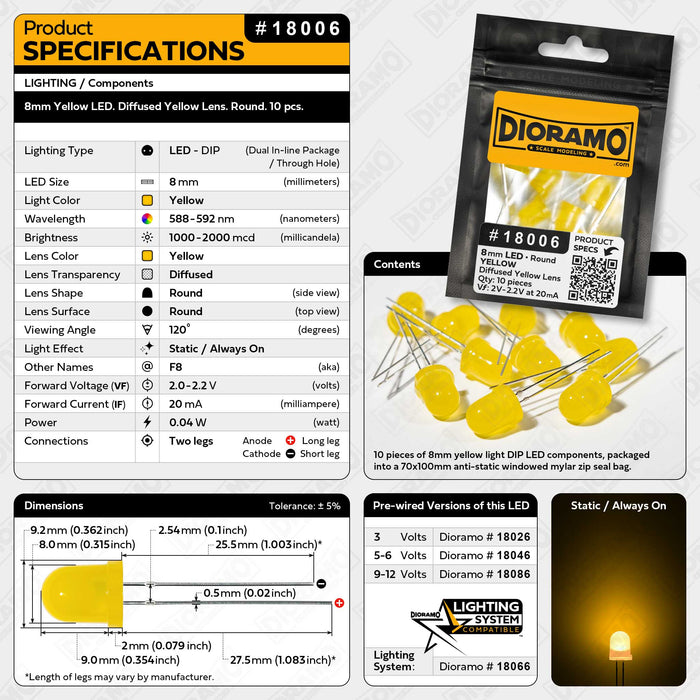 8mm Yellow LED. Diffused Yellow Lens. Round. 10 pcs.