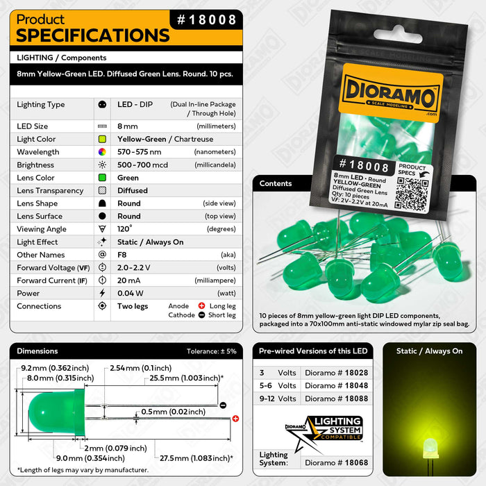 8mm Yellow-Green LED. Diffused Green Lens. Round. 10 pcs.