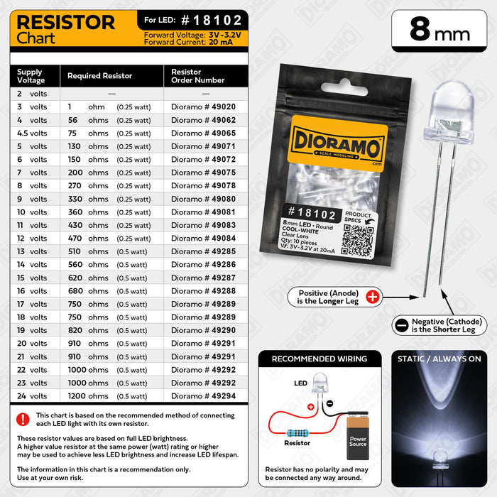 8mm Cool-White LED. Clear Lens. Round. 10 pcs.