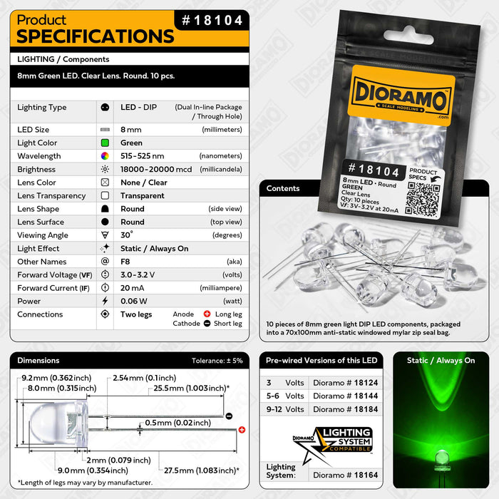 8mm Green LED. Clear Lens. Round. 10 pcs.