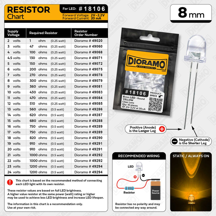 8mm Yellow LED. Clear Lens. Round. 10 pcs.