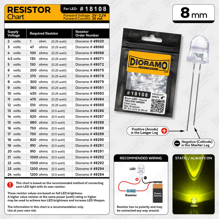 8mm Yellow-Green LED. Clear Lens. Round. 10 pcs.