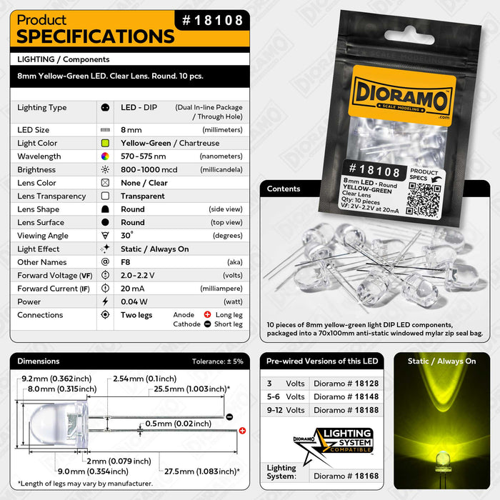 8mm Yellow-Green LED. Clear Lens. Round. 10 pcs.