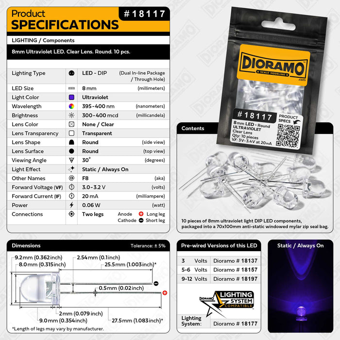 8mm Led Lens 8mm Ultraviolet LED. Clear Lens. Round. 10 pcs. — Dioramo Scale Modeling