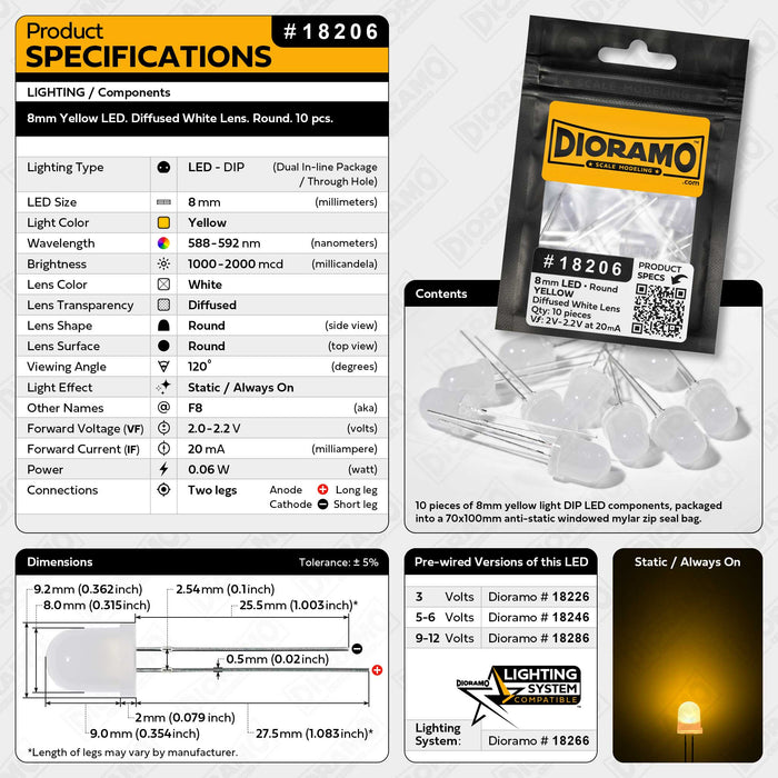 8mm Yellow LED. Diffused White Lens. Round. 10 pcs.