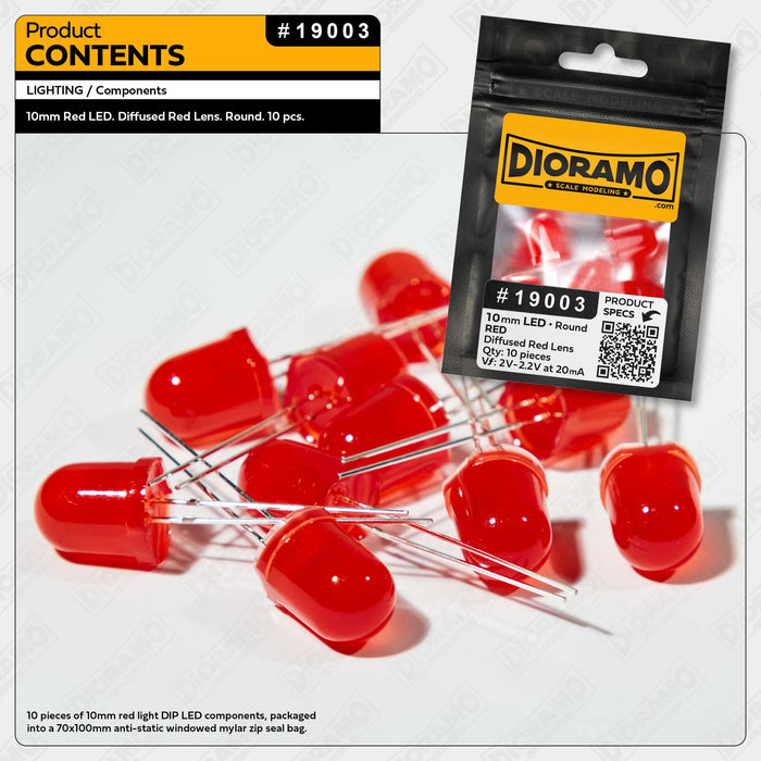 10mm Red LED. Diffused Red Lens. Round. 10 pcs.