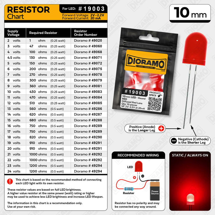 10mm Red LED. Diffused Red Lens. Round. 10 pcs.