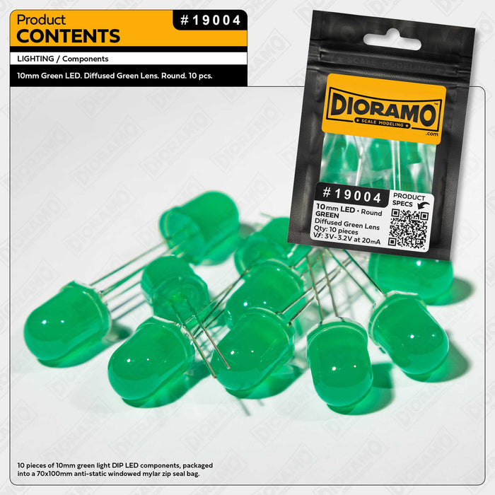 10mm Green LED. Diffused Green Lens. Round. 10 pcs.